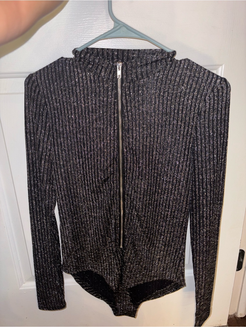 SHEIN Black Metallic Ribbed Zip-Front Long-Sleeve Bodysuit Jacket
